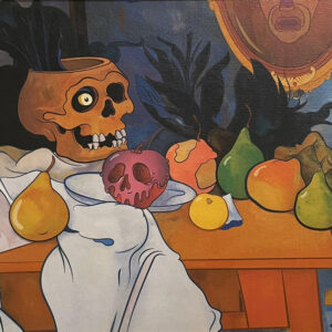 Still life with skull, poisoned apple, magic mirror